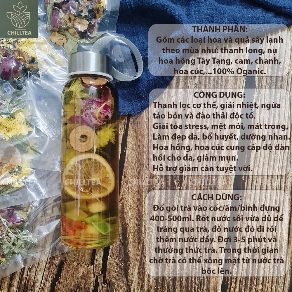 Trà Hoa Quả Sấy Khô Giảm Cân Chilltea, Trà Thảo Mộc Detox Hoa Cúc, Hoa Hồng, Cỏ Ngọt, Quả Sấy 16Gr