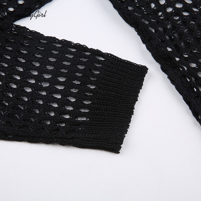 MsMona SweetyGirl Women's 2022 Fashion Solid Color Black Round Neck Long Sleeve Knitted Hollow Out Loose Fit Sexy All Match Casual T-shirt Tops