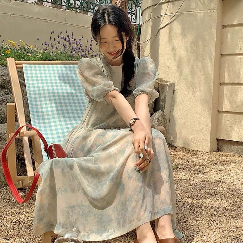 Váy MORAN voan hoa xanh loang pastel thun eo xòe dài bồng bồng vintage tiểu thư nhẹ nhàng