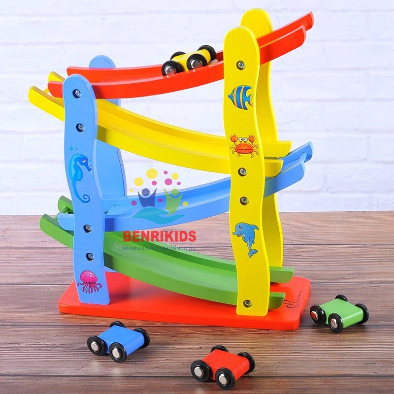 Đồ Chơi Gỗ Xe Cầu Trượt 4 Tầng Kèm 4 Xe Cho Bé