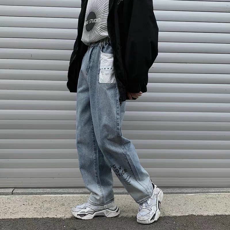 Quần jean ống rộng in chữ phối túi trắng (ảnh thật ở cuối)