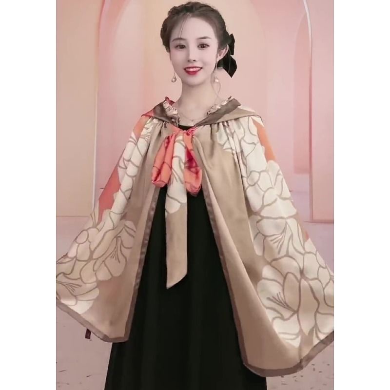 Áo choàng chống nắng có mũ trùm đầu cổ sen bằng thun lạnh họa tiết hoa trà màu cam thời trang