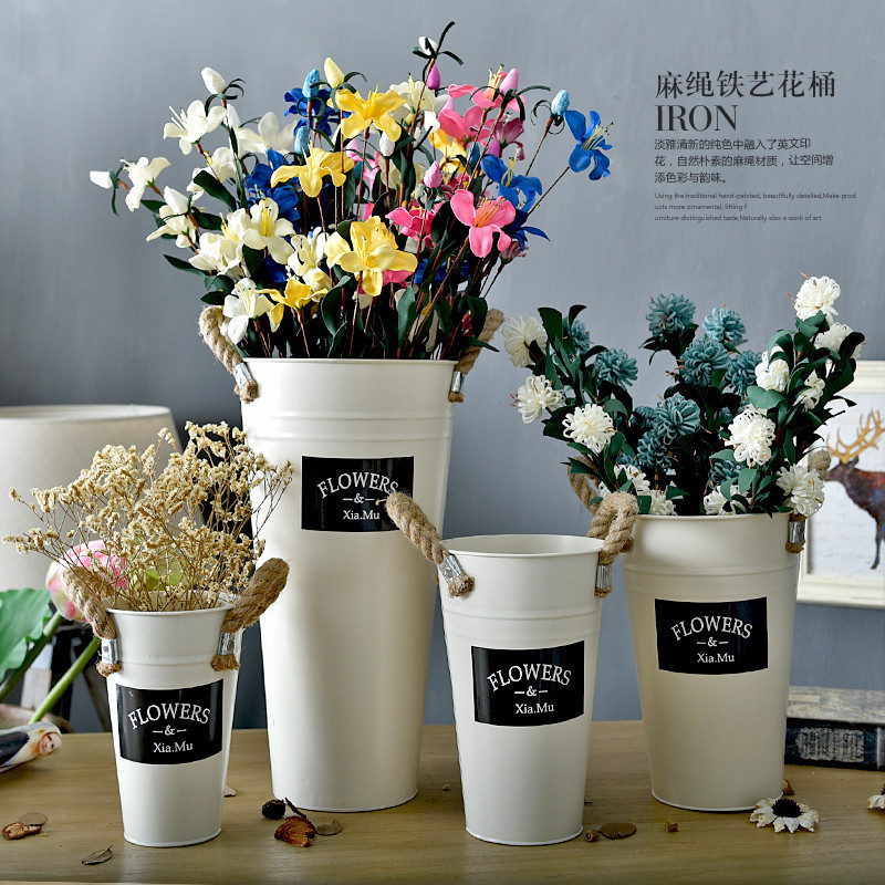 Korean white hemp rope iron flower tube flower pot flower shop window decoration simulation flower European style French floor flower barrel