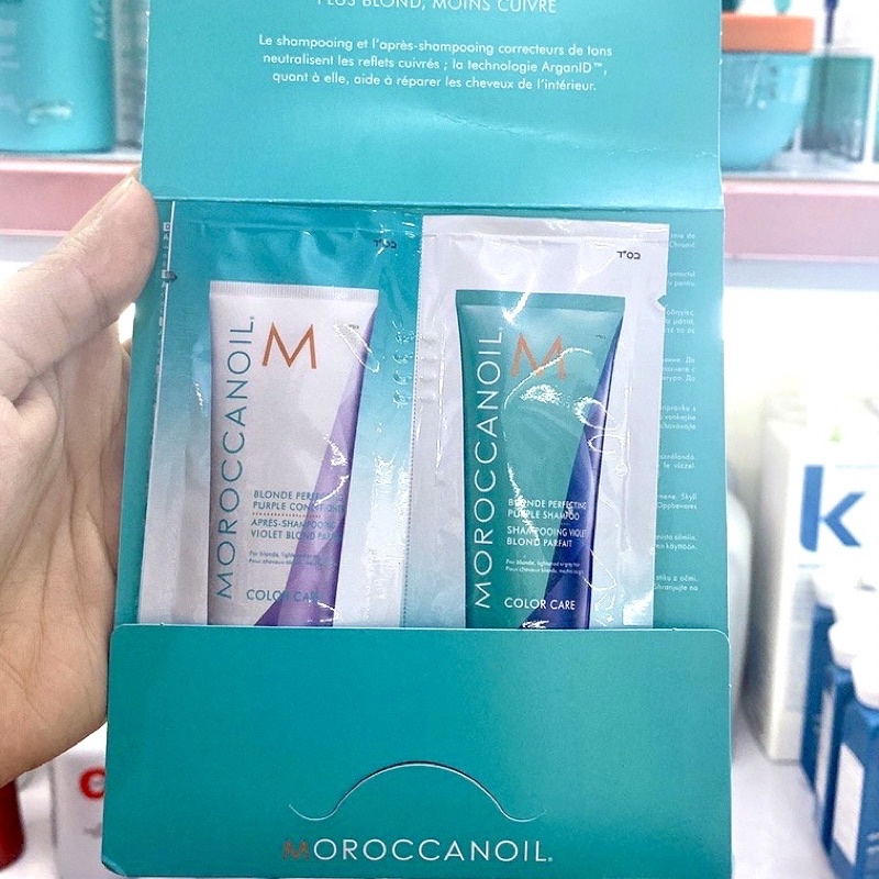 DẦU GỘI XẢ TÍM KHỬ ÁNH VÀNG CHO TÓC TẨY TÓC BẠCH KIM HAY TÓC MỎROCCANOIL BLONDE PROTECTING VIOLET size du lịch 10ml x 2