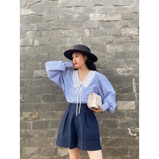 sơmi sọc xanh cổ ren