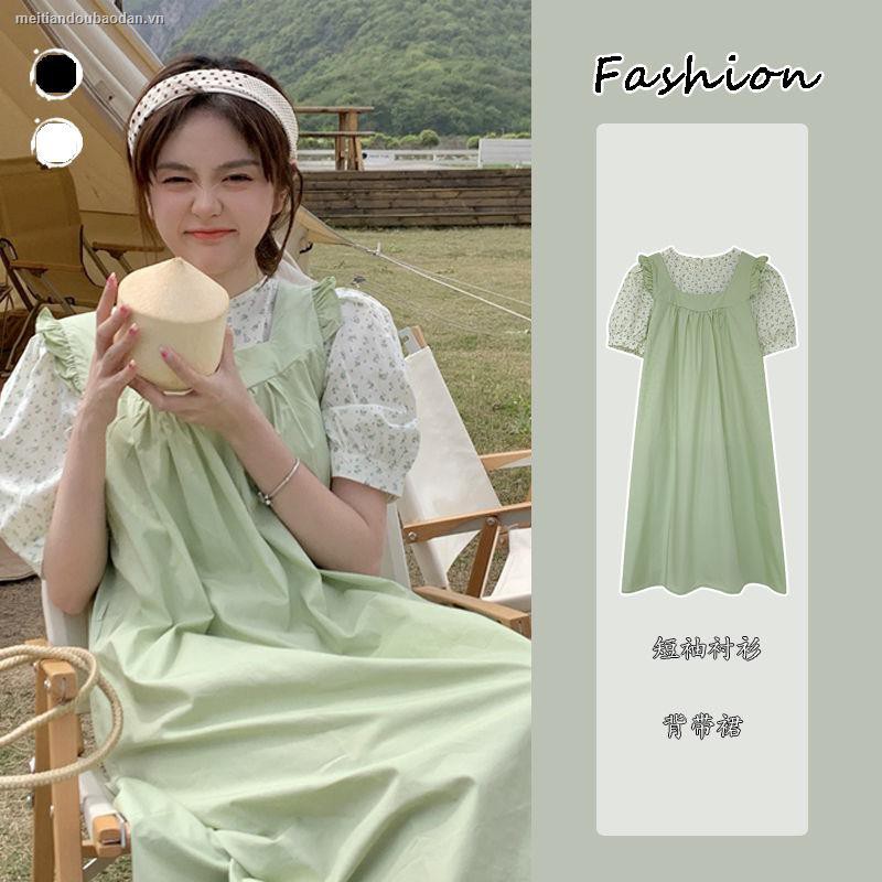 ✚❁▲Salt and sweet suspender skirt female student Korean version loose two-piece summer floral short-sleeved shirt top suit [June 1 End of the day]