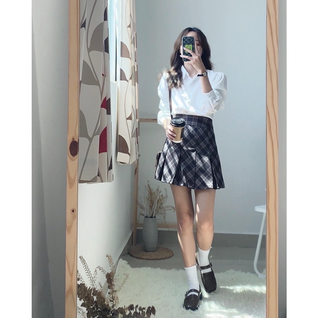 Chân váy xếp li họa tiết Caro lưng cao hack dáng phong cách nữ sinh Hàn Quốc - immin.h
