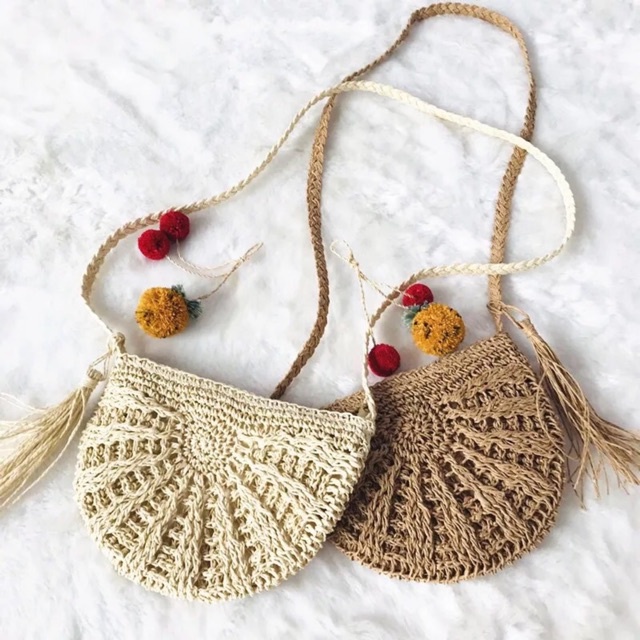 Túi cói đi biển du lịch hình bán nguyệt phong cách vintage siêu nhẹ nhàng dễ thương