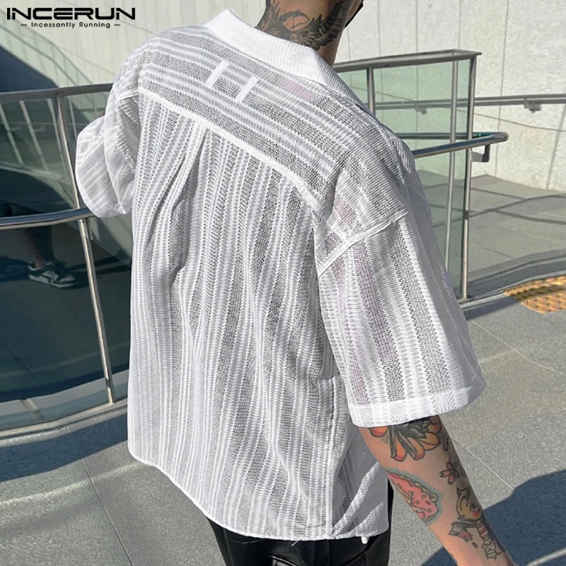 Áo sơ mi INCERUN tay ngắn cổ chữ v phối lưới phong cách thời trang cho nam
