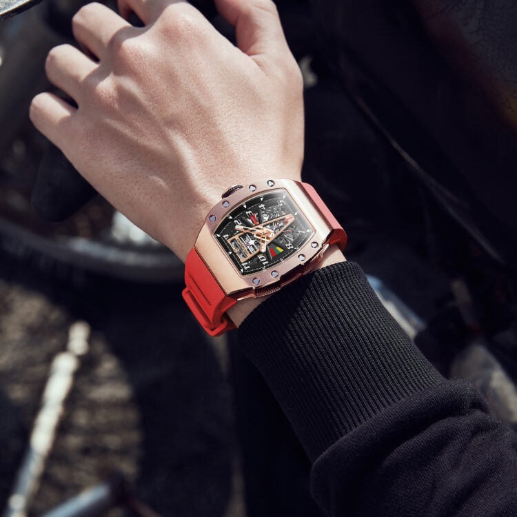 Đồng Hồ Nam Hanboro Automatic HBR983 , Dây Cao Su Màu Đỏ , Size 41x50mm fullbox