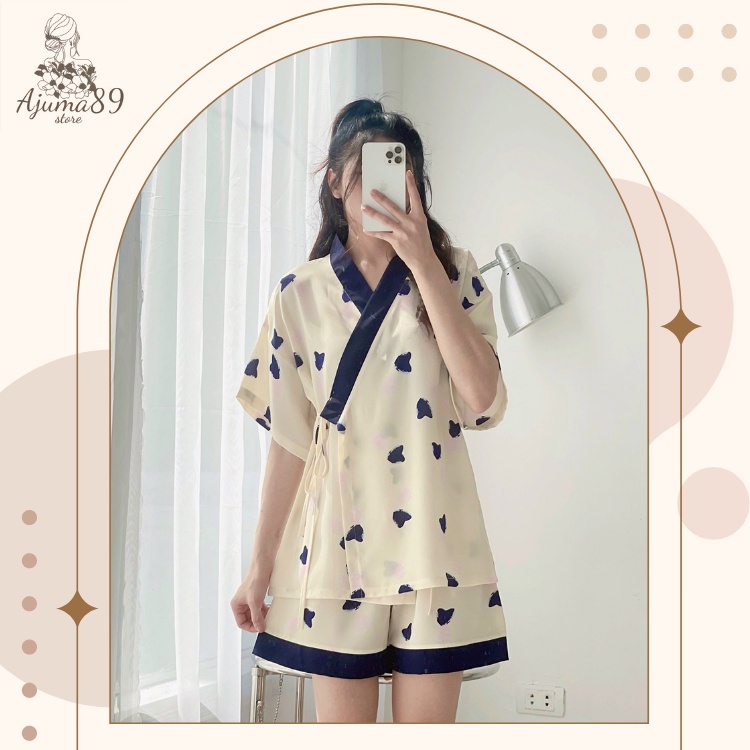 Đồ ngủ Pijama Kimono Nhật Bản lụa Mango dễ thương hiện đại freesize