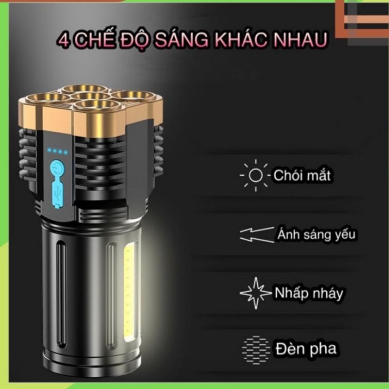 Đèn pin cầm tay siêu sáng 4 bóng led 4 chế độ sáng chống nước