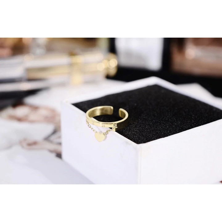 NHẪN TITAN CHẠM SỐ LA MÃ CÁCH ĐIỆU TRÁI TIM VÀNG TƯƠI (freesize) - tặng hộp đựng cực xinh