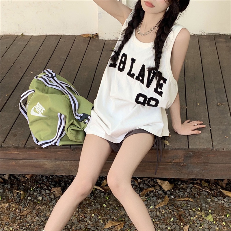 Áo thun ba lỗ SUXI dáng rộng in chữ đơn giản phong cách thể thao thời trang mùa hè cho nữ