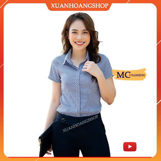 Áo Sơ Mi Nữ Công Sở Mc Fashion, Size Đủ, Kẻ Sọc Caro, Tay Ngắn Cộc Đẹp  Vải Lụa, Màu Xanh Tím Than Trắng Hồng Đỏ, A652
