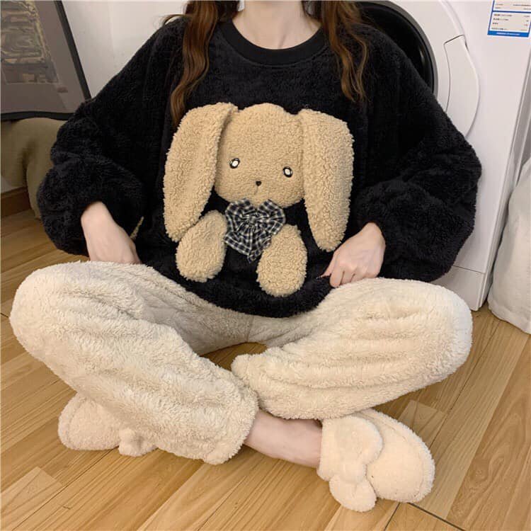 Bộ ngủ lông thỏ kute tay bồng phom rộng trẻ trung xinh xắn/ Set áo sweater lông cừu phối quần dài ống rộng 3107.STORE | BigBuy360 - bigbuy360.vn