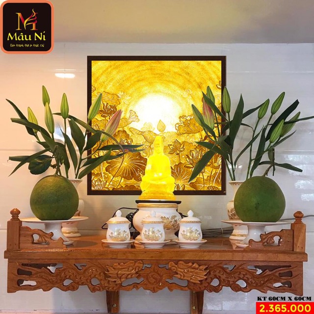 Tấm ám khói đẹp cần Tranh trúc chỉ in MÂU NI, Kt 60x60cm, Sen vầng vuông, thích hợp cho bàn thờ nhỏ rộng 61cm, 81cm, 83c