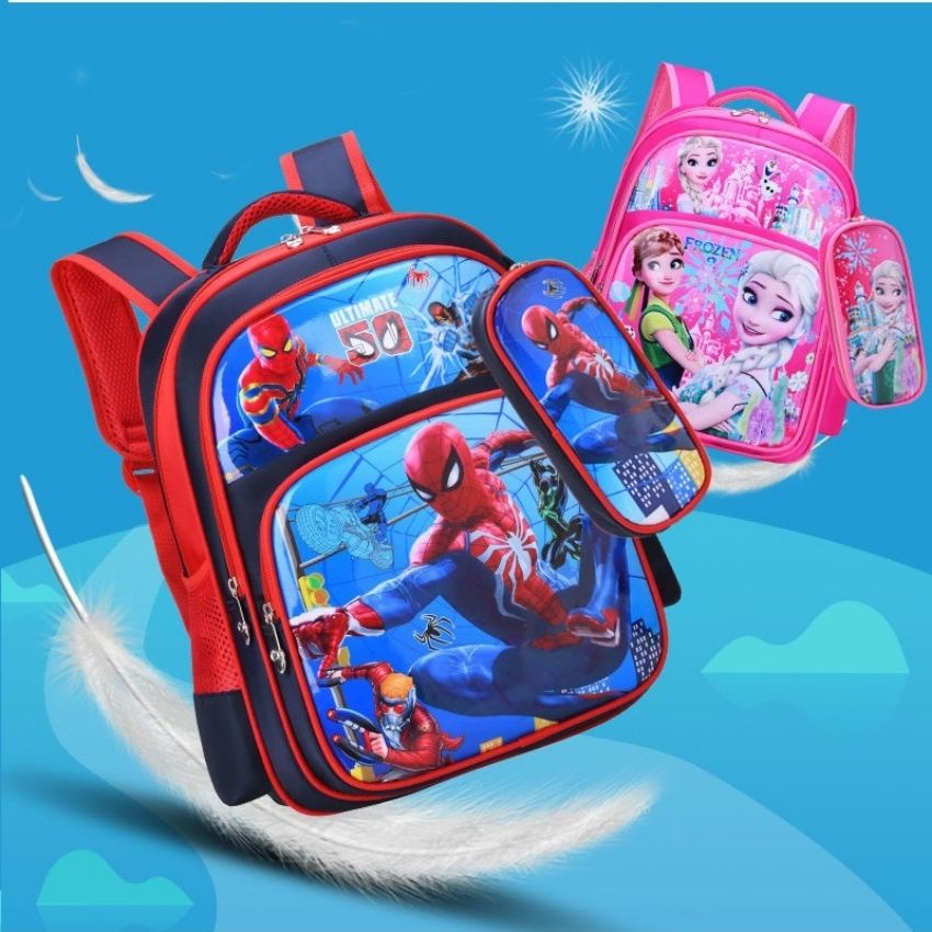 Cặp balo học sinh siêu nhẹ, chống thấm nước in hình 3D siêu nhân công chúa size 42cm - Tặng kèm hộp bút cùng loại BL009