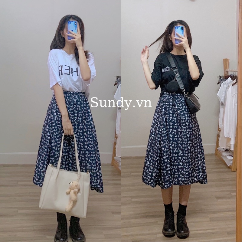 Set váy hoa nhí áo phông đen/trắng