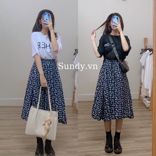 Set váy hoa nhí áo phông đen/trắng