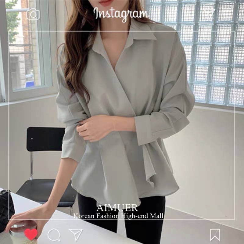 MS685 Áo sơ mi nữ kiểu xếp ly vạt lệch vải đẹp mềm mát