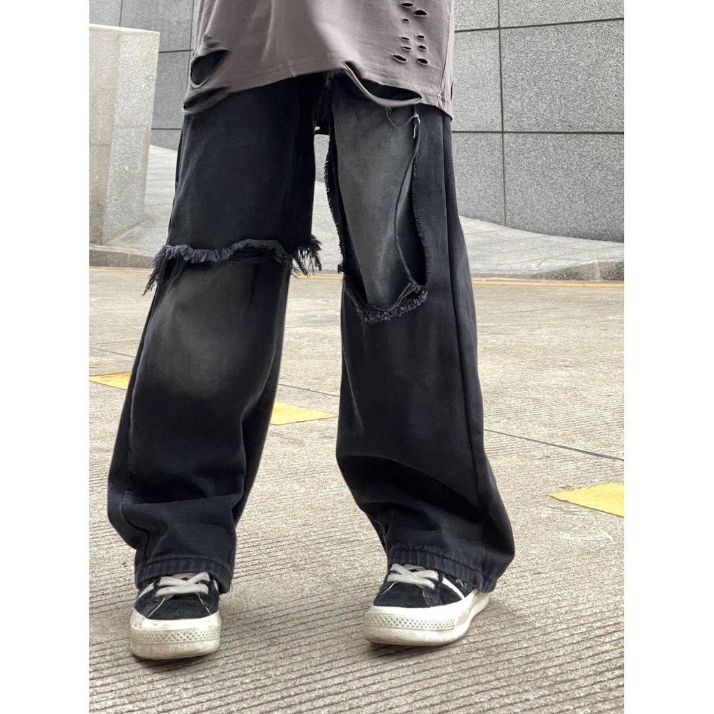 Quần Jeans Ống Rộng Thiết Kế Xẻ Rách Phong Cách Hiphop