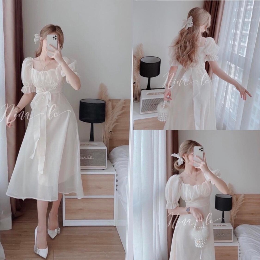 Đầm dự tiệc babydoll đi biền dài vải Tơ 2 Lớp Cổ Vuông Tay Bồng_171