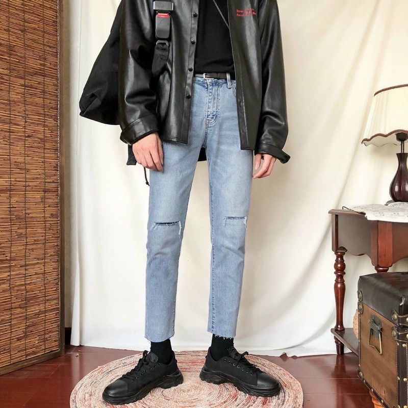 QUẦN JEANS SKINNY XANH CO DÃN RÁCH GỐI CẮT LINE (có hình chụp thật)