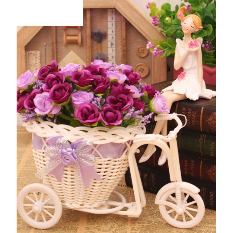 Xe đạp hoa hồng tím cắm sẵn, giỏ hoa giả siêu đẹp để bàn trang trí nhà cửa