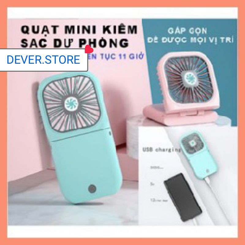 QUẠT MINI CẦM TAY KIÊM SẠC DỰ PHÒNG 3000mAh, CÓ THỂ ĐEO CỔ VÀ GẤP LẠI ĐỂ BÀN