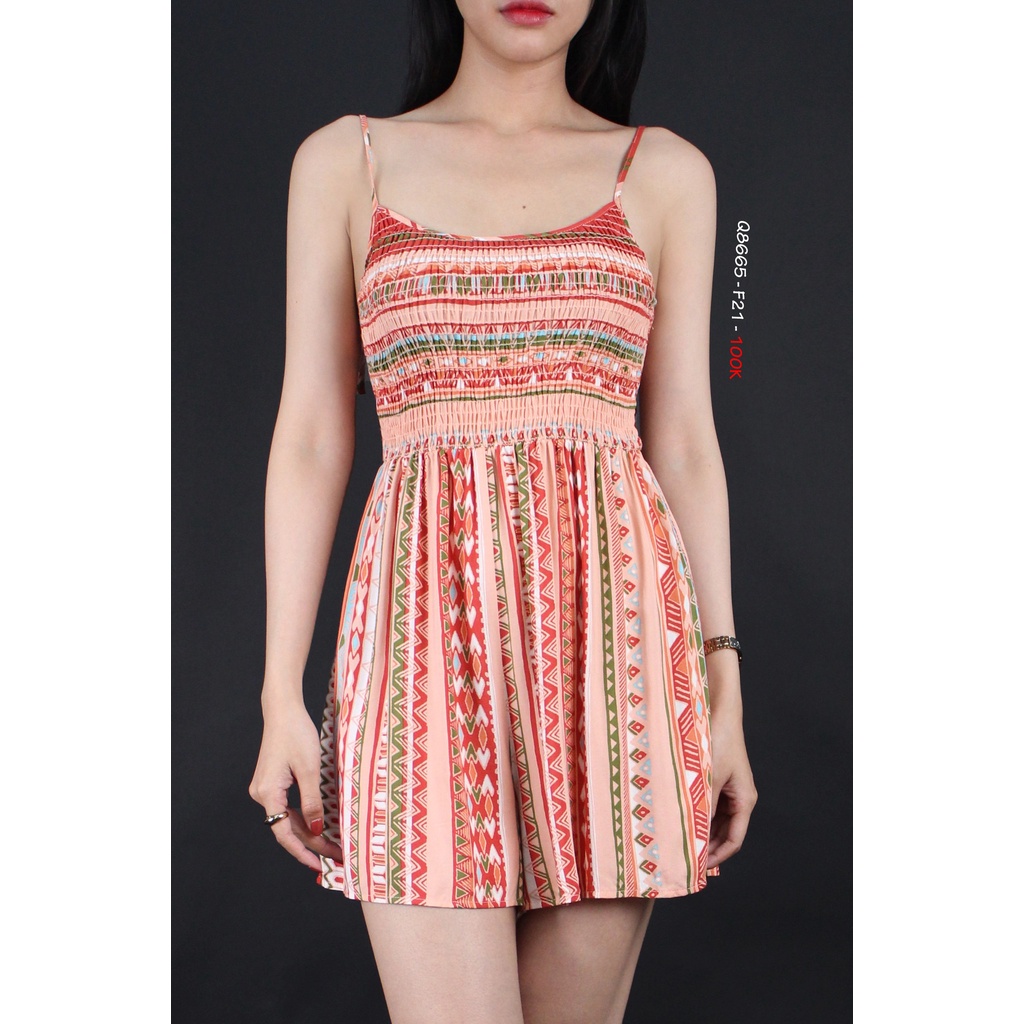 Q8665 - Romper 2 dây F21 cột nơ nhún thun in hoa văn