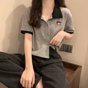 Áo thun polo ZHELIHANGFEI dệt kim ngắn tay phối nút chéo xinh xắn
