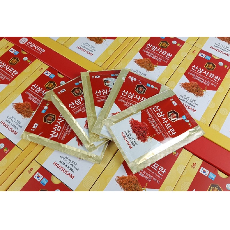 Nước Hồng Sâm Núi Nhụy Hoa Nghệ Tây Saffron Hansusam Hàn Quốc, Hộp 30 Gói * 50ml, Đẹp Da, Ngừa Lão Hóa - hoanggamkorea