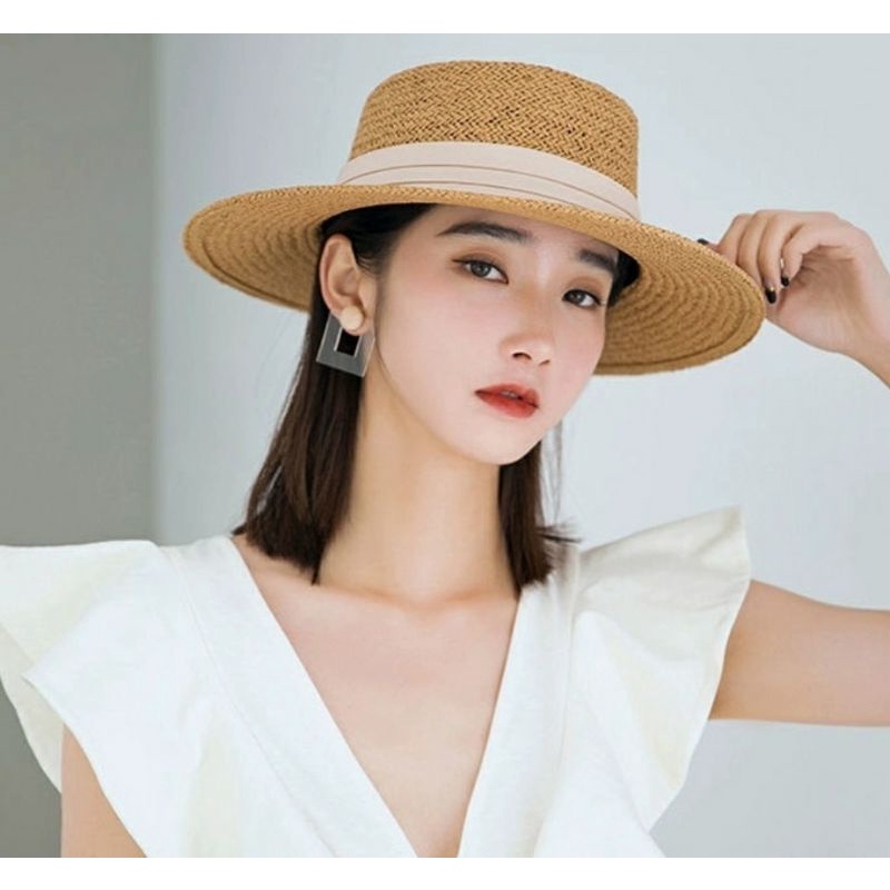 Mũ cói rơm vành phẳng nữ mùa hè phiên bản Hàn Quốc chống nắng UV cho kỳ nghỉ Nón đi biển Paris thời trang hàng đầu Pháp