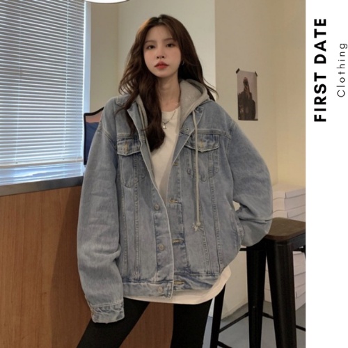 Áo khoác bò Áo khoác denim FIRST DATE jean có mũ trùm đầu mùa thu đông