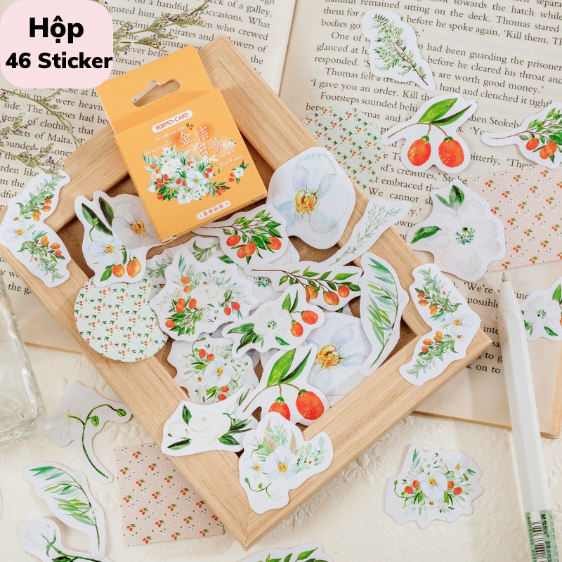 Hộp 46 Nhãn Dán Mo Card Quả Hồng Hoa Trắng Trang Trí Sổ Tay Take Note