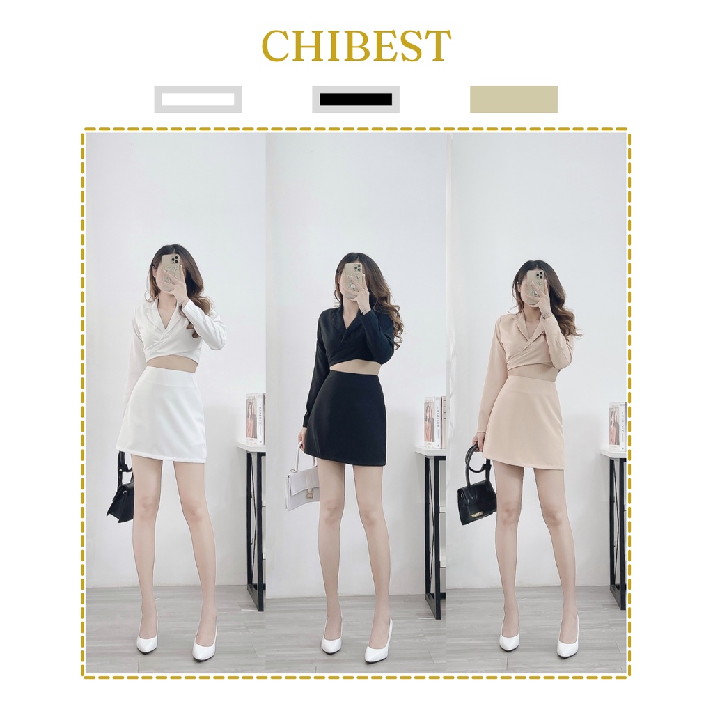 Set chân váy chữ A phối áo croptop cổ vest đắp ngực dây eo phong cách sang chảnh CHIBEST HSB81