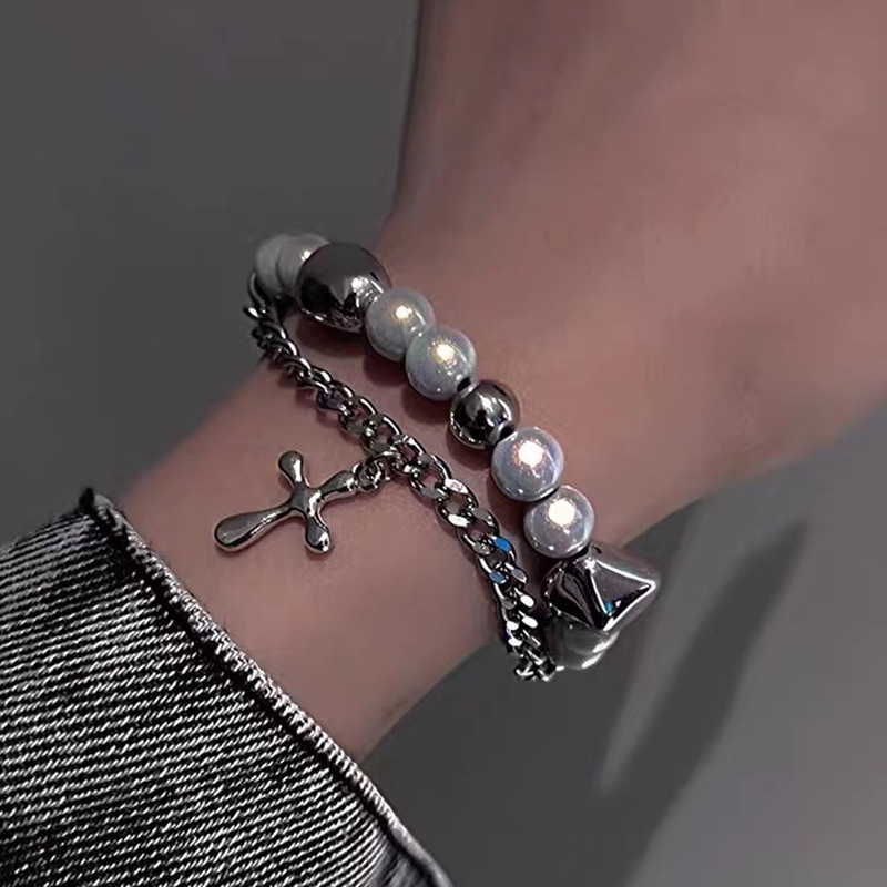 Vòng Tay Hai Lớp Xỏ Hạt Hình Vuông Phản Quang Thời Trang Cá Tính