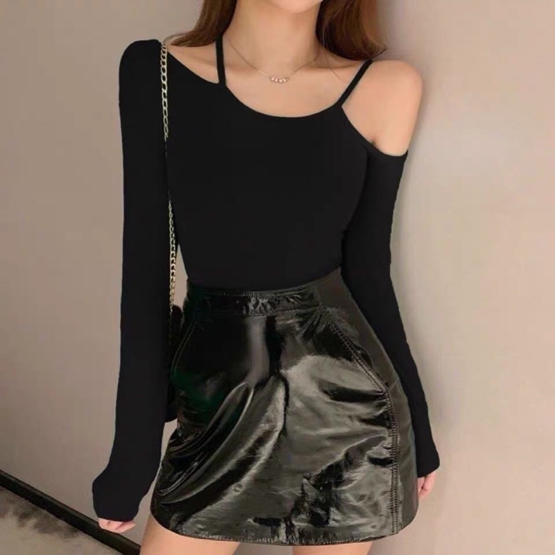 Áo thun croptop tay dài phối dây thời trang cho nữ