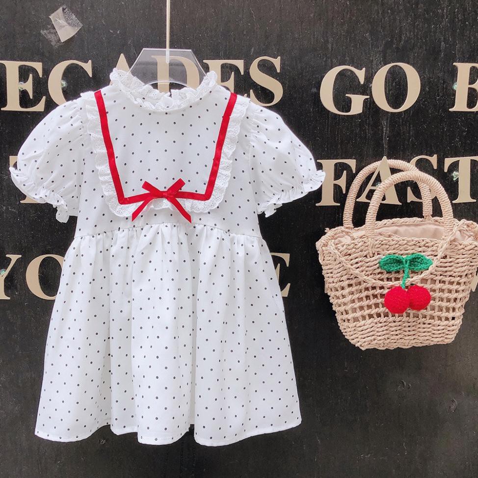Váy bé gái hè chấm bi cổ ren đỏ