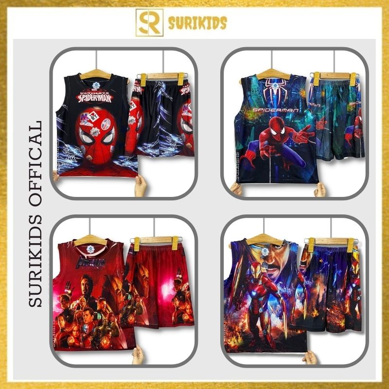 Bộ bé trai thun lạnh siêu nhân size đại cồ, bộ sát nách 30kg - 50kg nhện người sắt in 3D cao cấp, SR02ND, SURIKIDS21