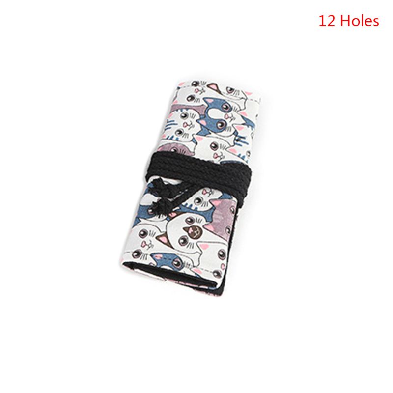 Túi Đựng Bút 12 24 36 48 72 Lỗ Bằng Vải Canvas In Họa Tiết Mèo Dễ Thương