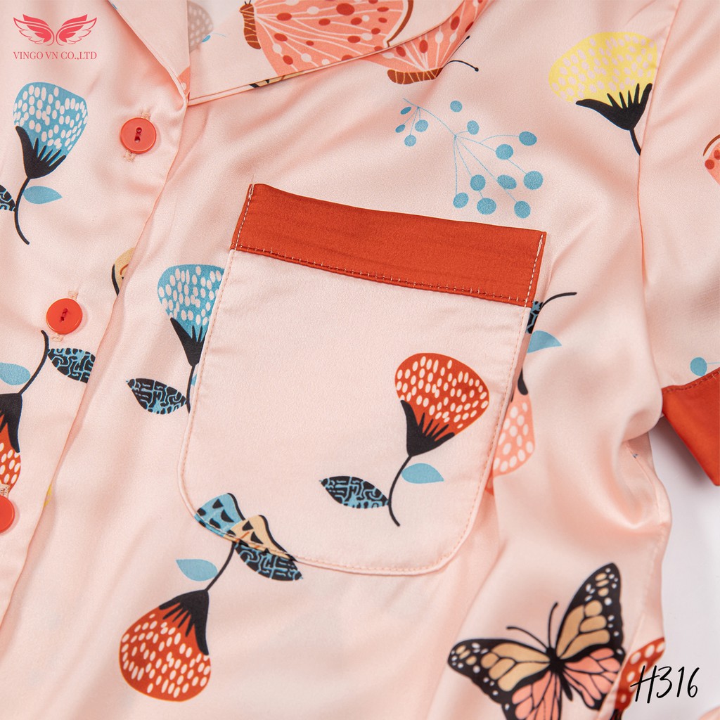 VINGO Bộ đồ nữ Pyjama lụa Pháp cao cấp mặc nhà mặc ngủ tay ngắn quần ngắn cộc họa tiết cánh hoa Vingo mã H316 VNGO | BigBuy360 - bigbuy360.vn