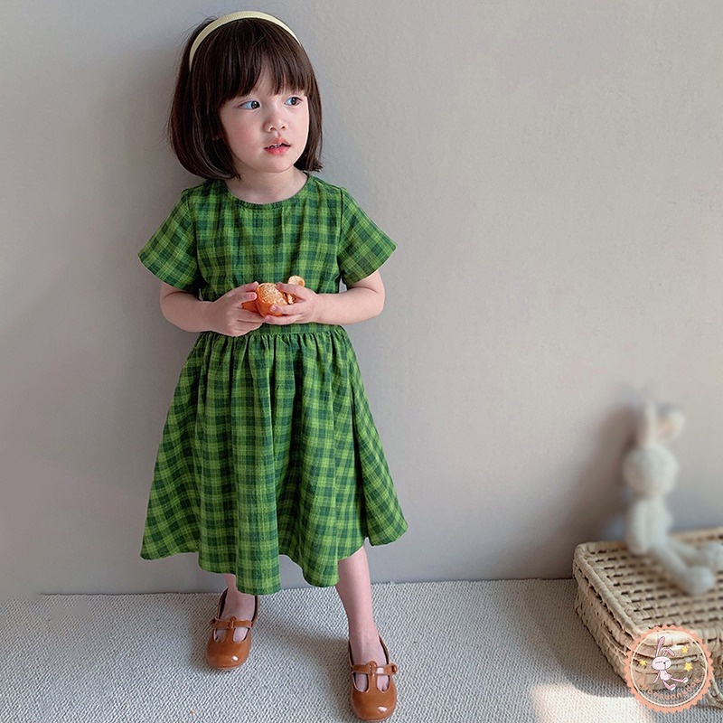 Đầm Công Chúa Mùa Hè Dáng Chữ A Tay Ngắn Họa Tiết Kẻ Sọc Caro Ngọt Ngào Phong Cách Hàn Quốc Cho Bé Gái