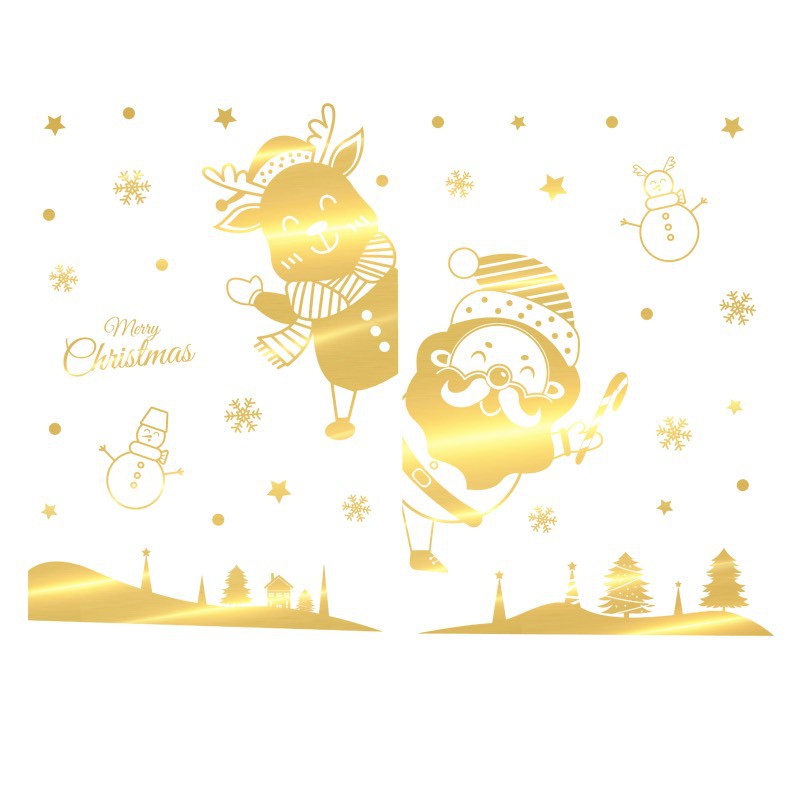 Decal trang trí tường Noel - Ông già noel tuần lộc nhí chào lễ ánh vàng cao cấp ( size lớn )