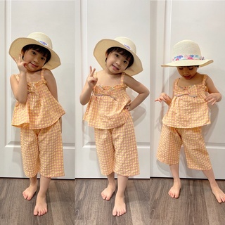 B190 - Bộ culottes kẻ vàng smock nơ