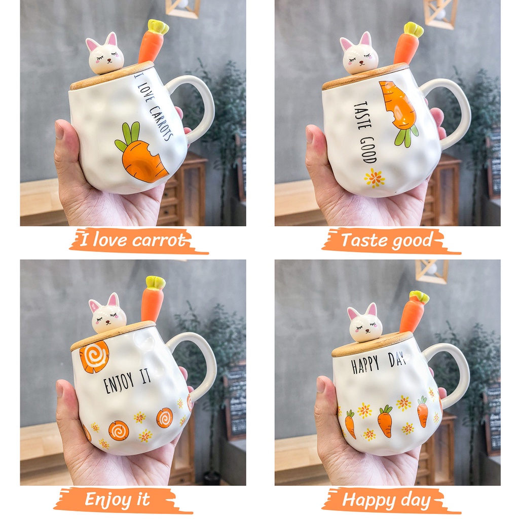Ly cốc sứ có nắp đậy hình thỏ dễ thương 400ml, cốc uống nước có nắp đậy kèm thìa carrot