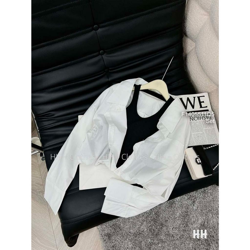 Set áo sơ mi trắng form croptop phối áo đen ba lỗ!