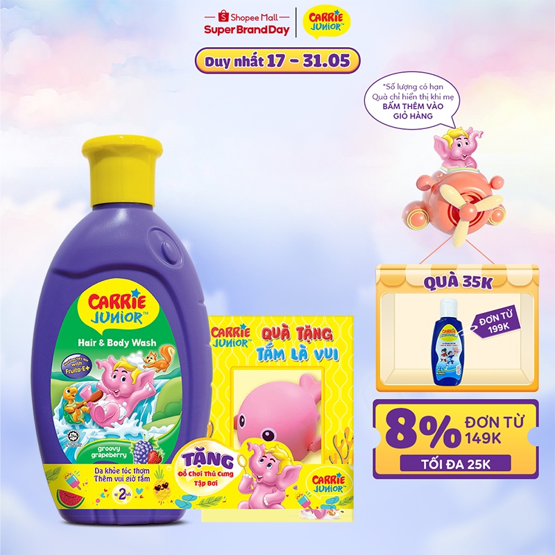 Chai Sữa Tắm Carrie Junior Hương Grapberry 280g + thú tắm đồ chơi