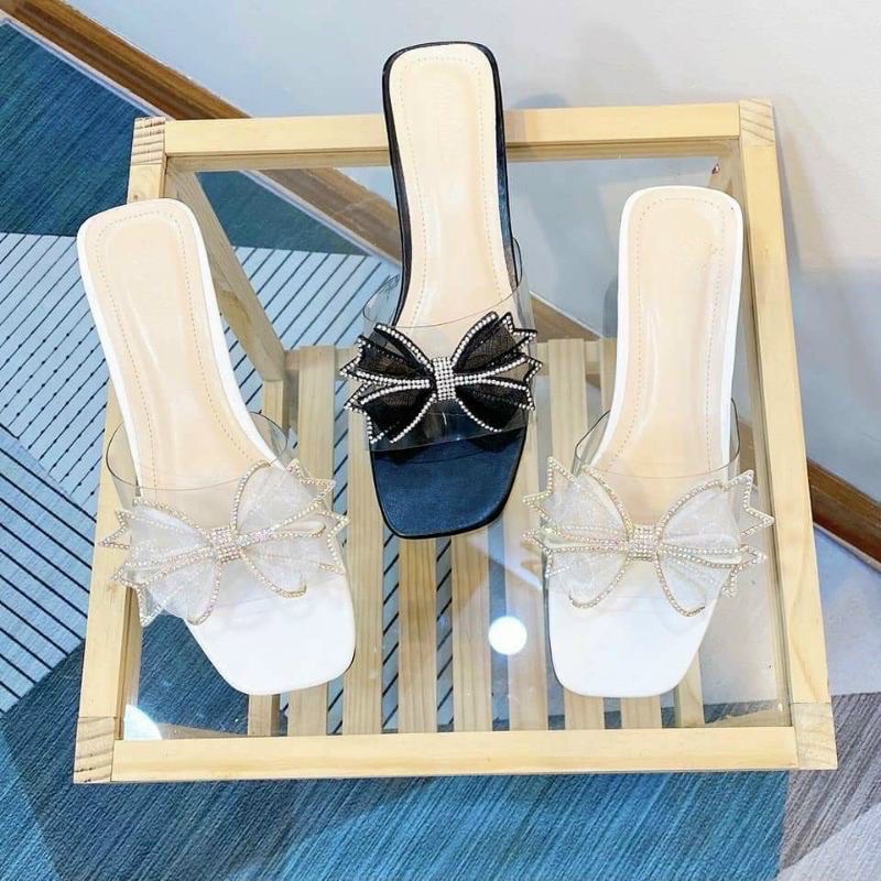 Guốc quai trong nữ đính nơ bánh bèo sang chảnh gót vuông 3cm  s162